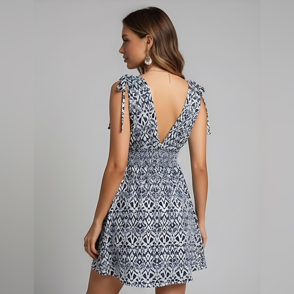 Blue Low Back Tribal Print Tie Shoulder Dress - Picture 3 of 8